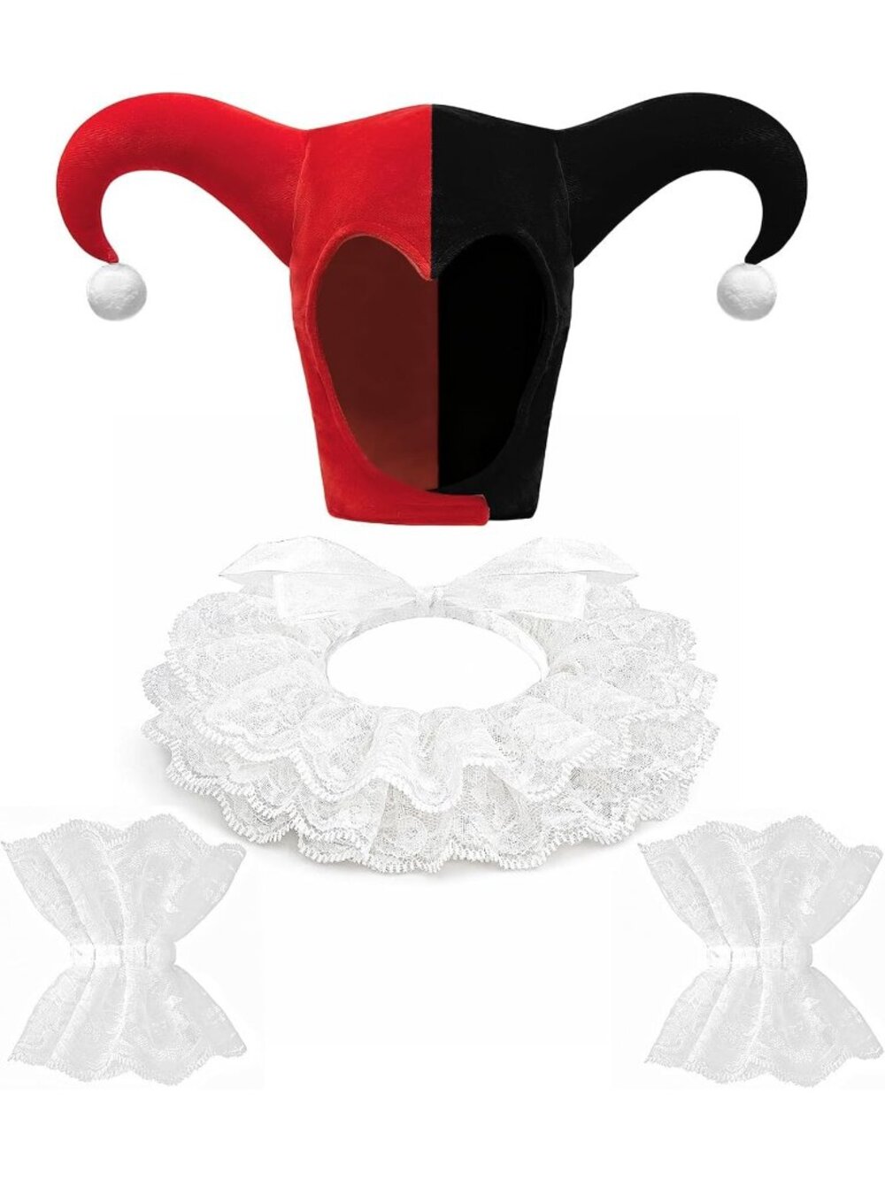 4PCS White Red Clown Costume Accessories Set Jester Hat Ruffle Collar Wrist Cuff